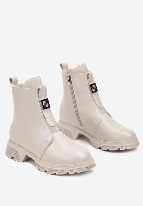 Jasnobeżowe Botki za Kostkę z Metalową Klamerką Junni