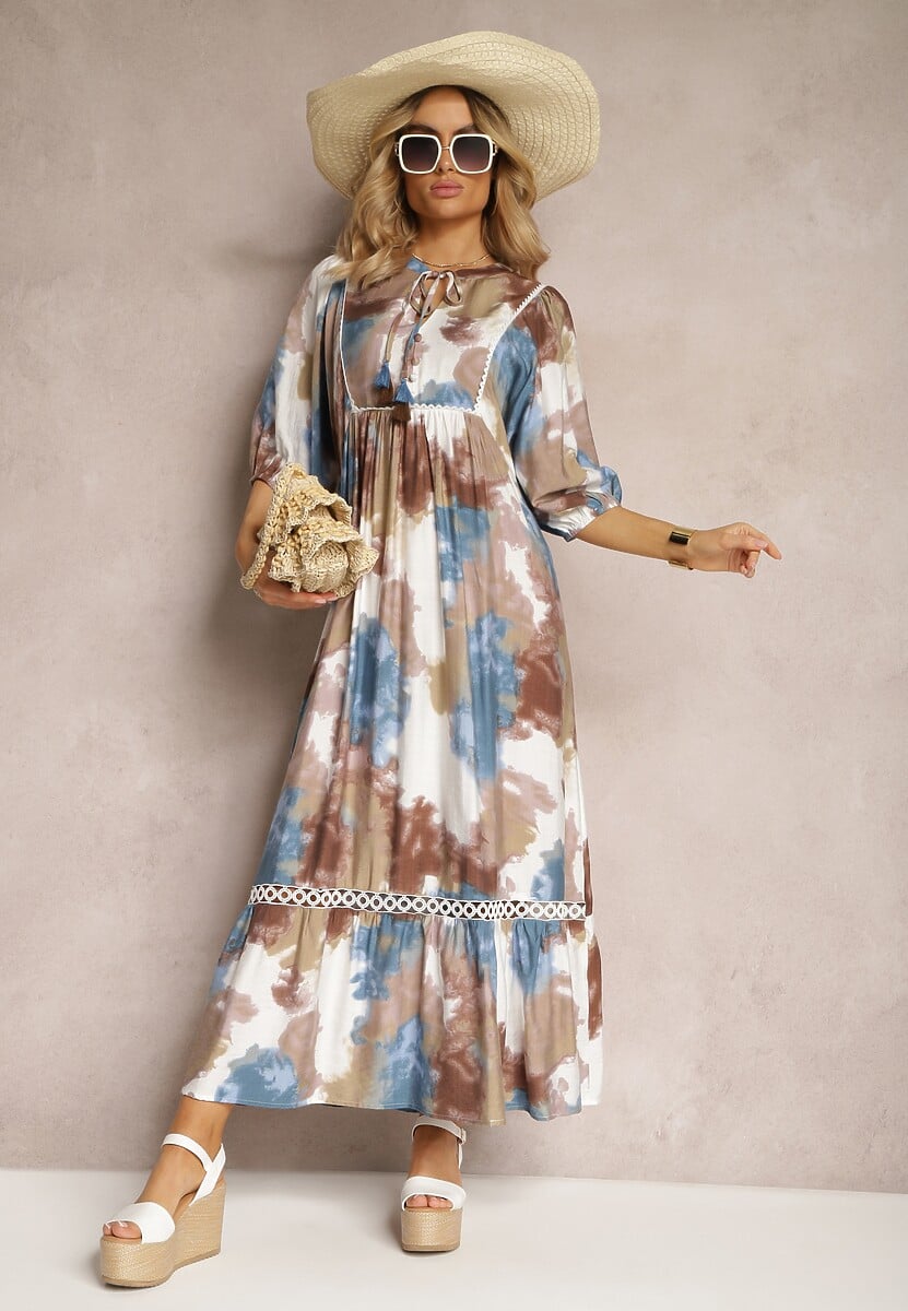 Ciemnobeżowa Sukienka w Stylu Boho z Krótkim Rękawem z Falbanką i Rękawem 3/4 Valendra