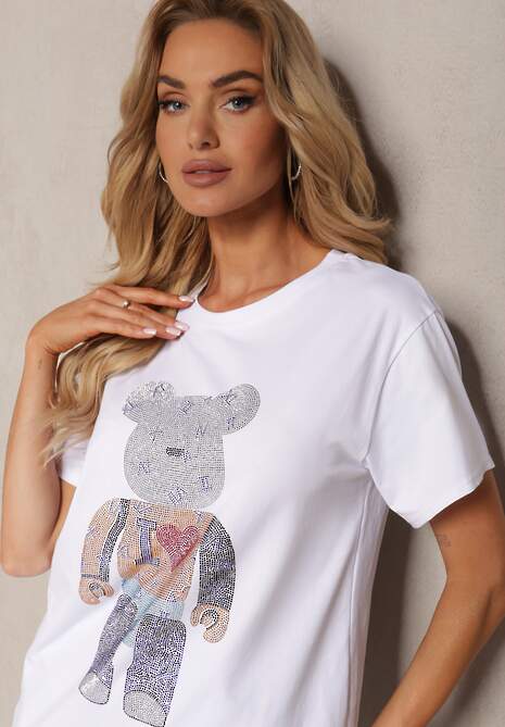 Biały Bawełniany T-shirt z Krótkim Rękawem i Cyrkoniami Risarie