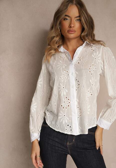 Biała Haftowana Koszula z Rękawem z Możliwością Regulowania Zapinana na Guziki Illviana