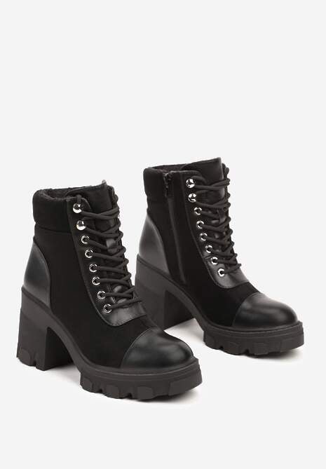 Czarne Botki na Obcasie z Platformą Ozdobione Wstawkami Ezilda