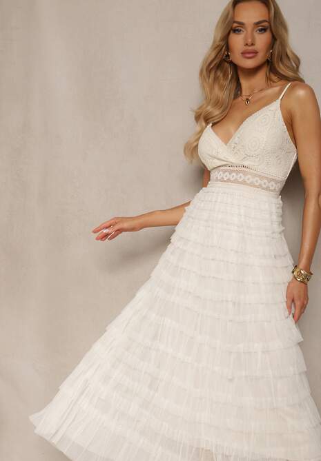 Beżowa Sukienka z Koronką na Regulowanych Ramiączkach z Falbankami Joellama