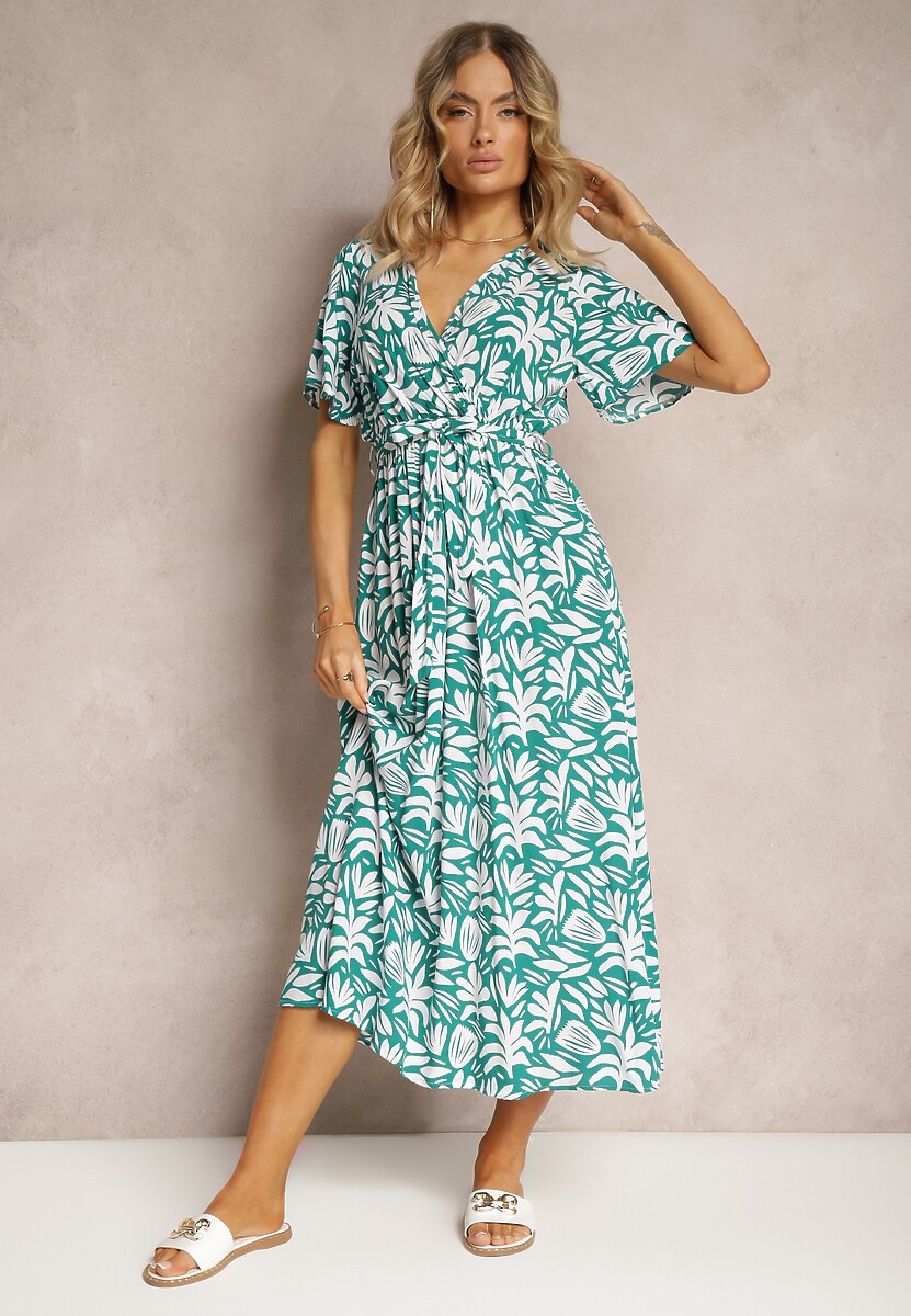 Zielona Wiskozowa Sukienka z Kopertowym Dekoltem z Gumką w Pasie i Materiałowym Dekoltem Gilemia