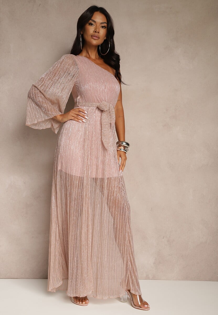 Ciemnoróżowa Asymetryczna Sukienka Maxi z Gumką i Wiązanym Paskiem w Talii Saminta