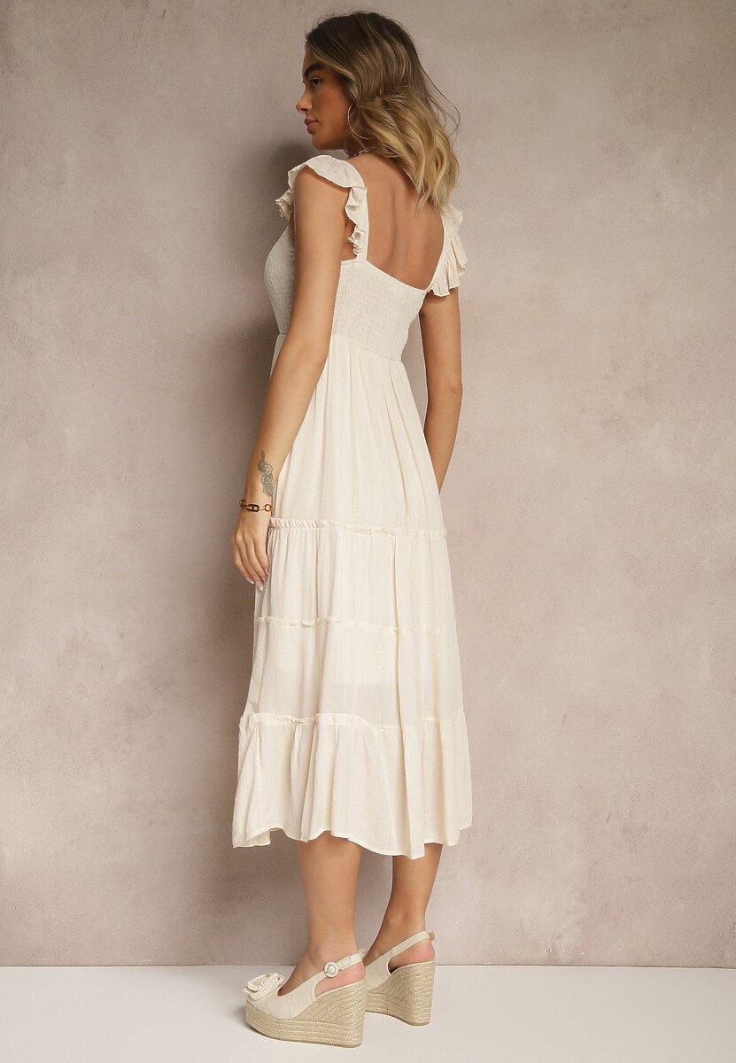 Beżowa Rozkloszowana Sukienka z Wiskozy z Metalicznymi Przeszyciami Iffaria