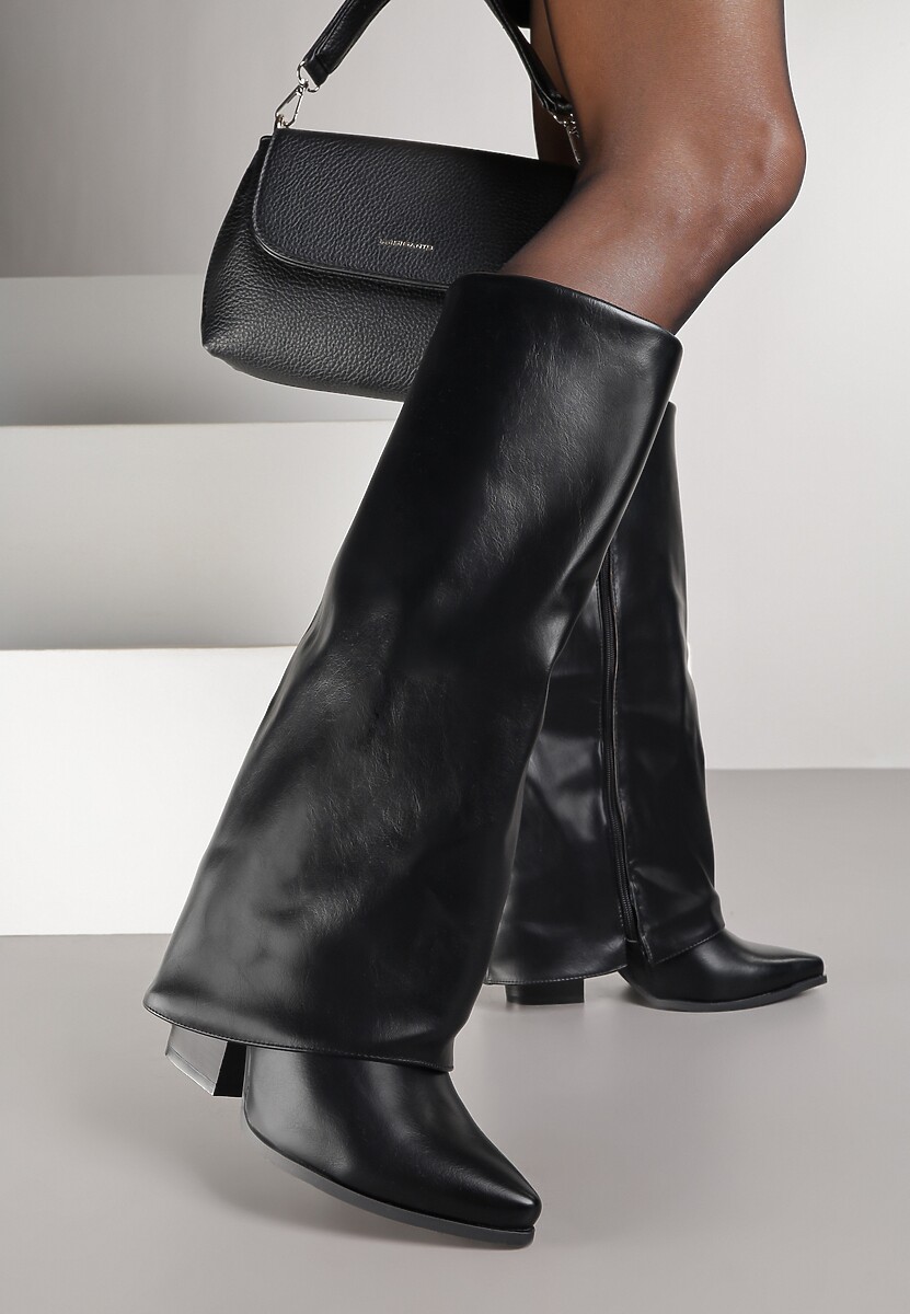 Brązowe Kozaki na Stożkowym Obcasie Ozdobione Wywiniętą Cholewką Nalunisa