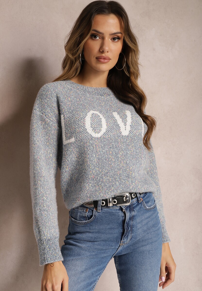 Granatowy Sweter z Ozdobnym Napisem Wykończony Ściągaczami Minisoji