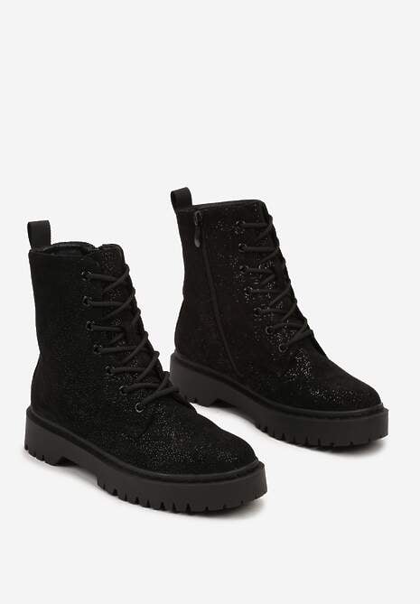 Czarne Botki Workery na Płaskiej Podeszwie Ozdobione Brokatem Lilitia