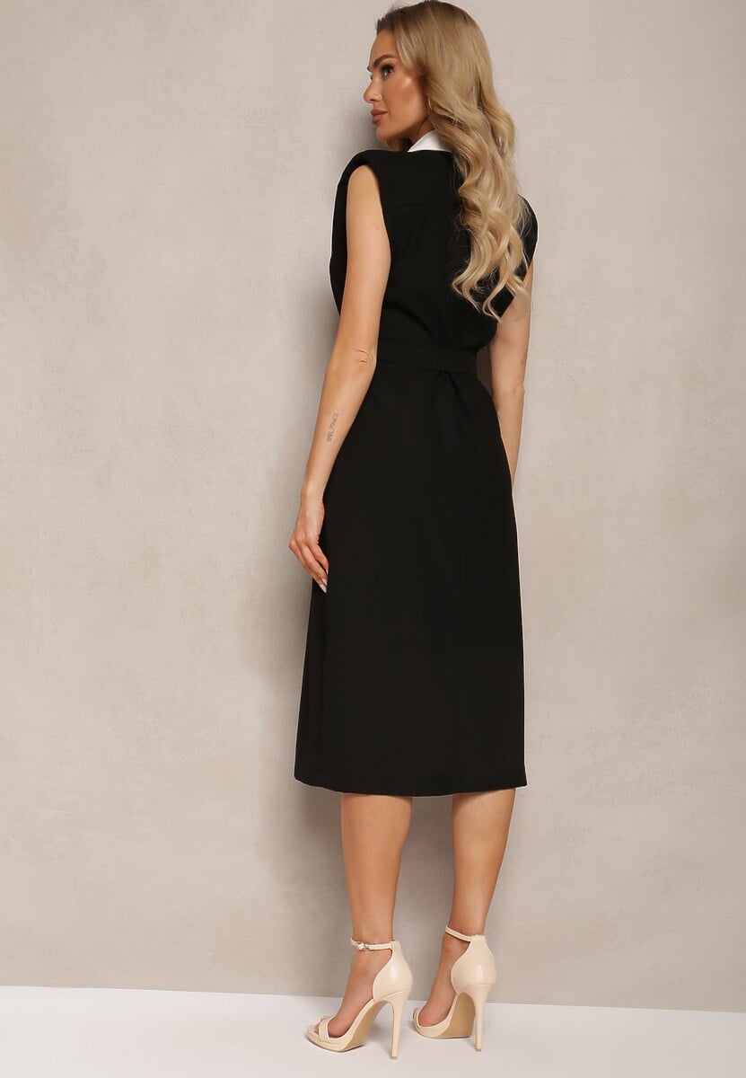 Czarna Elegancka Sukienka Koszulowa z Materiałowym Paskiem i Guzikami Ninelia