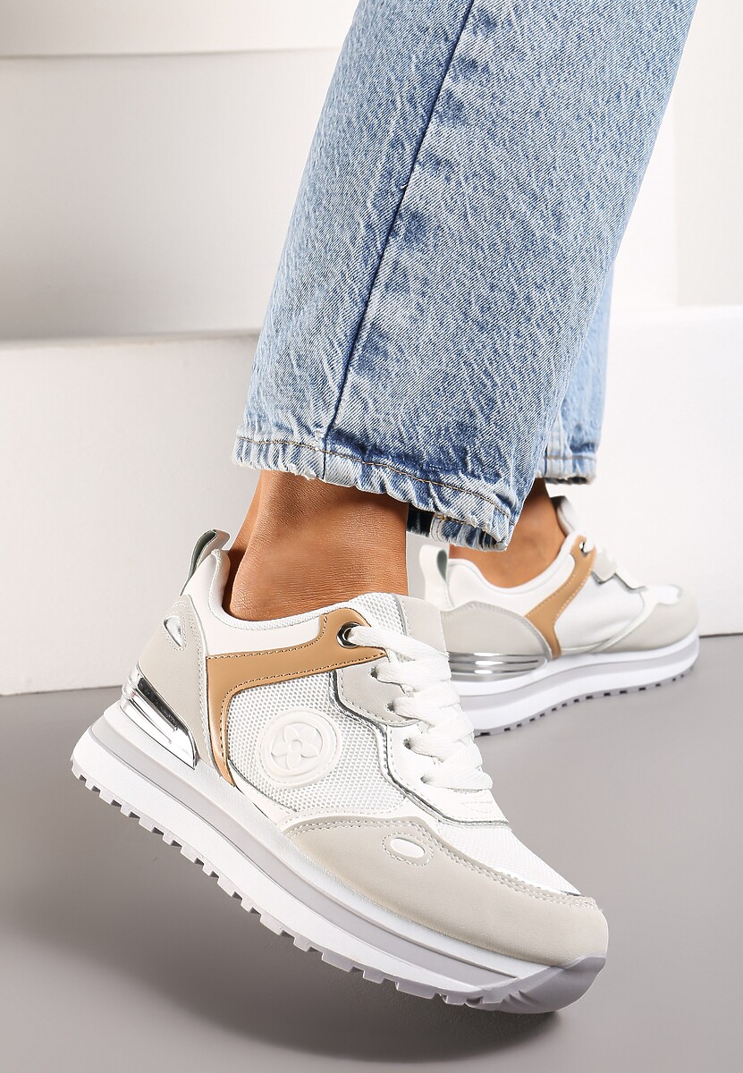 Biało-Szare Sneakersy na Niskiej Platformie z Metalicznym Paskiem za Kostkę Dapphira