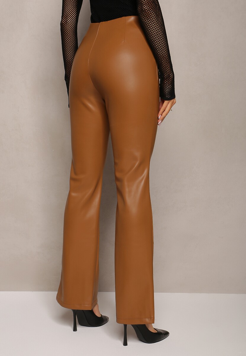 Beżowe Spodnie Dzwony z Imitacji Skóry Idenna