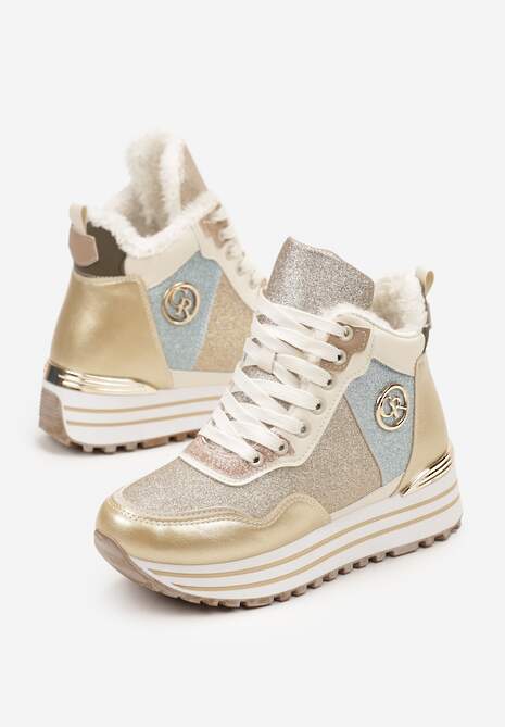 Złote Płaskie Sznurowane Botki w Sportowym Stylu z Metalicznym Wykończeniem Benalin