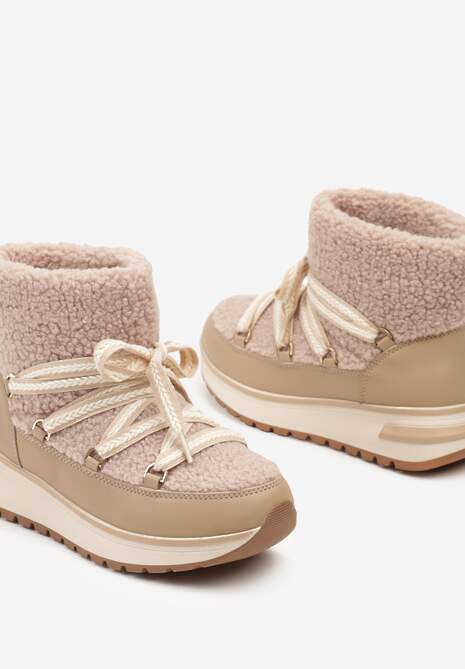 Ciemnobeżowe Futrzane Śniegowce ze Sznurowaniem Temivin