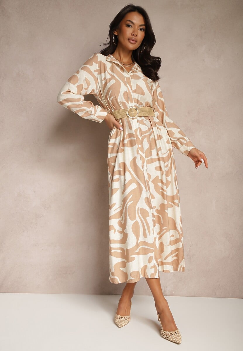Beżowa Sukienka z Wiskozą o Koszulowym Kroju z Plecionym Paskiem Faledina
