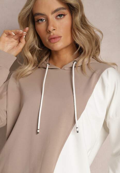 Beżowa Bawełniana Bluza z Kapturem i Ściągaczami Ardente