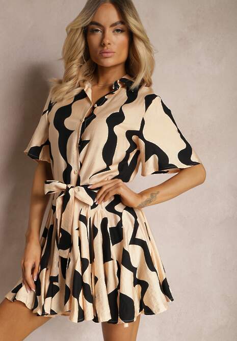 Beżowo-Czarna Rozkloszowana Sukienka z Krótkim Rękawem Zapinana na Guziki z Materiałowym Paskiem Nedia