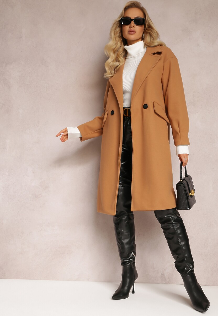 Ciemnobeżowy Płaszcz Dwurzędowy Długi Tadde