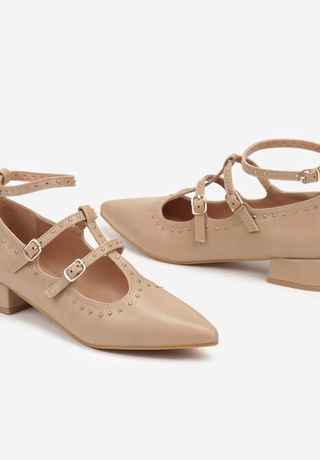 Ciemnobeżowe Czółenka z Paskami na Sprzączki i Nitami Nevisalae