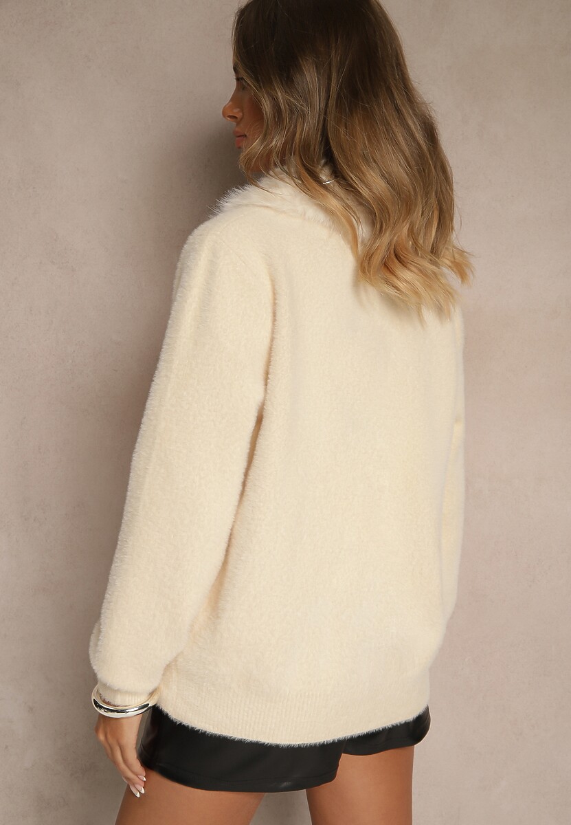 Beżowy Zasuwany Kardigan z Wełną z Futerkowym Kołnierzem Asiste