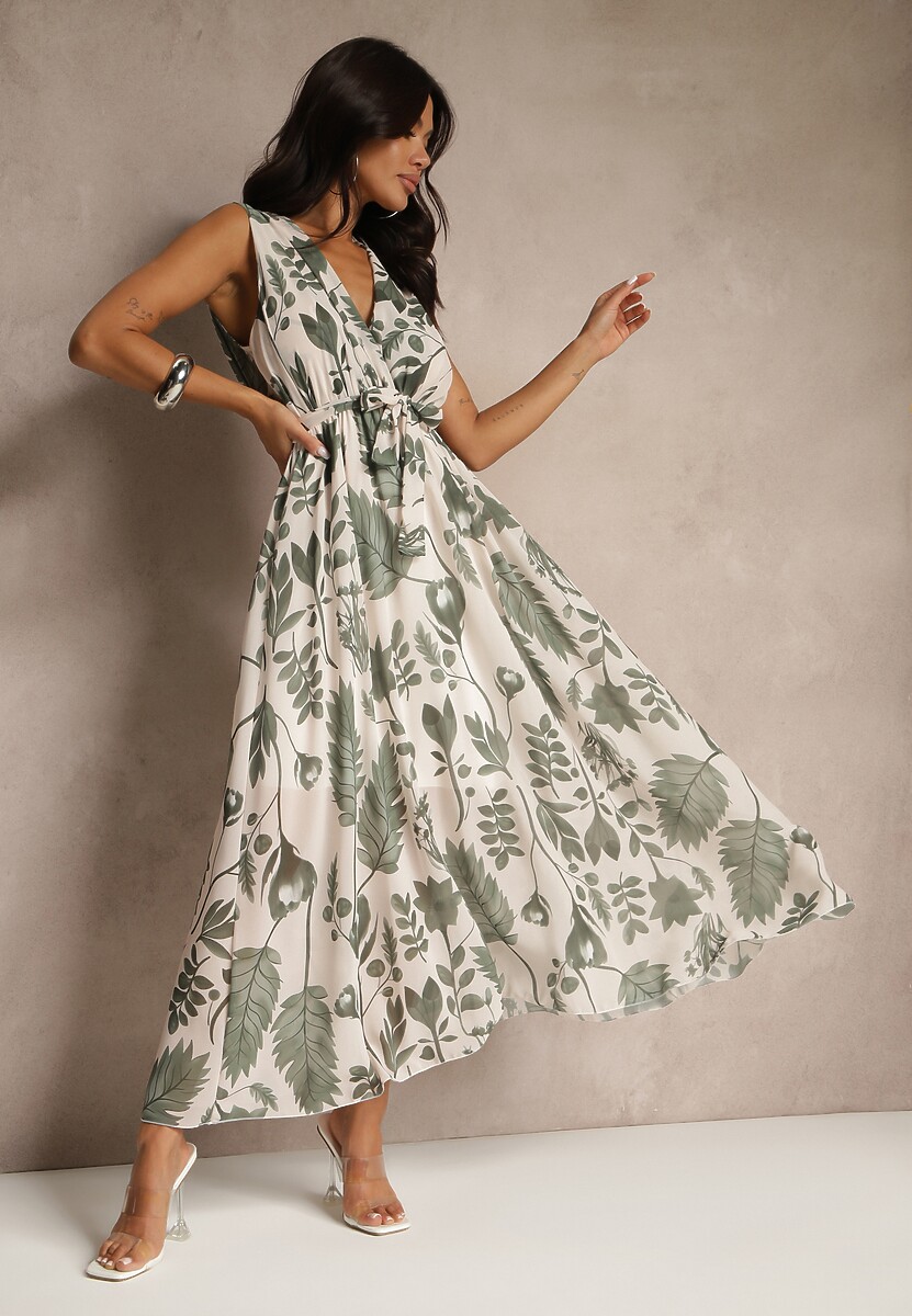 Zielona Sukienka z Wiskozą z Kopertowym Dekoltem i Wiązanym Paskiem Natisolve