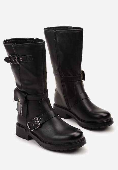 Czarne Botki Biker Boots Zdobione Klamerkami i Kieszonką Nalinnea