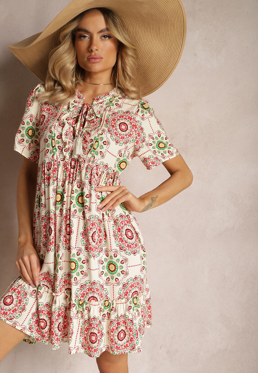 Zielona Sukienka z Wiskozowej Tkaniny w Mozaikowy Wzór Boho Naviera