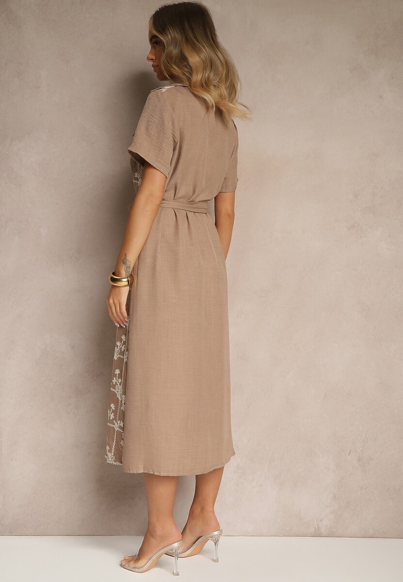 Ciemnobeżowa Koszulowa Sukienka z Wiązanym Paskiem Zdobiona Haftem Malinnessa