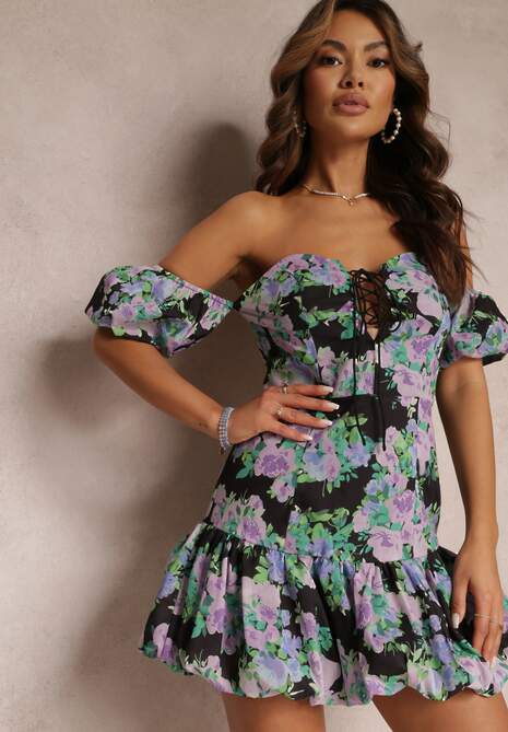 Czarno-Fioletowa Bawełniana Sukienka Mini z Falbanką i Opuszczonymi Rękawami Natisani