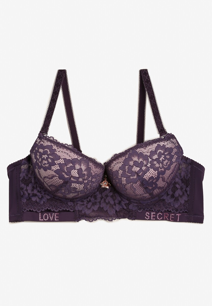 Fioletowy Biustonosz Push-Up Ozdobiony Koronką i Napisami z Cekinami Elisei