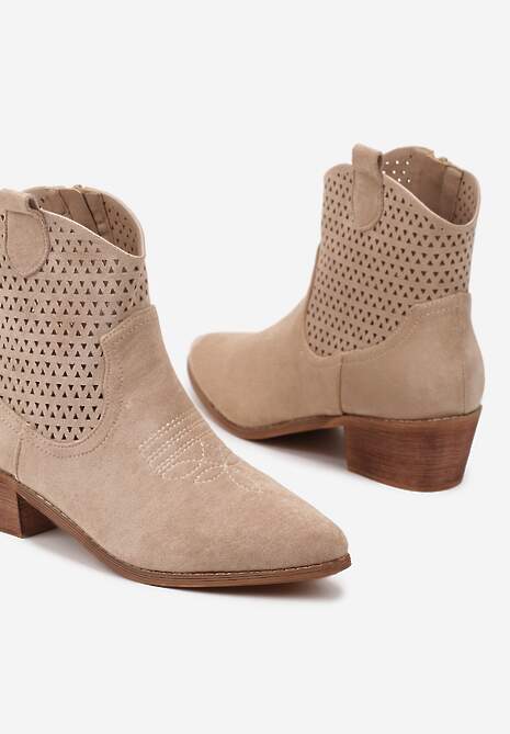 Beżowe Botki Kowbojki Vices na Słupku z Ażurową Cholewką Elfedi
