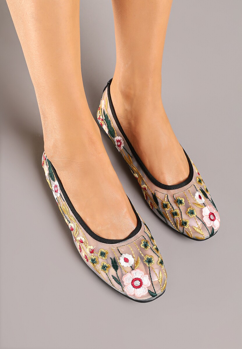 Czarne Haftowane Balerinki z Siateczki z Kwiatowym Motywem Feviane