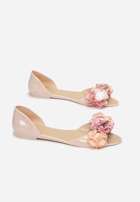 Beżowe Balerinki Meliski Peep Toe z Kwiatową Aplikacją Idalina