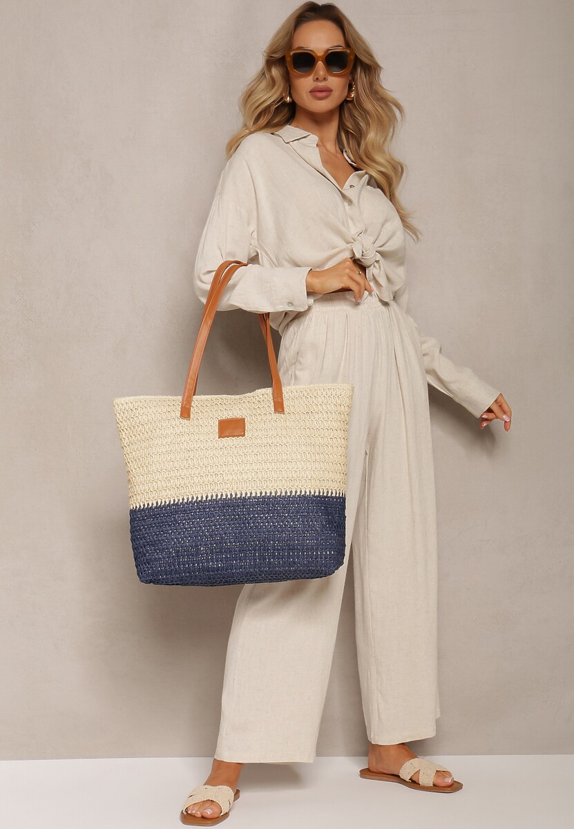 Beżowo-Granatowa Duża Torebka Jednokomorowa na Suwak o Plecionym Fasonie Kastra