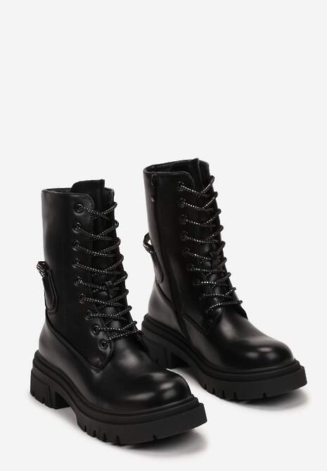 Czarne Sznurowane Botki Workery na Grubej Podeszwie z Paskiem w Cyrkonie Bazzare