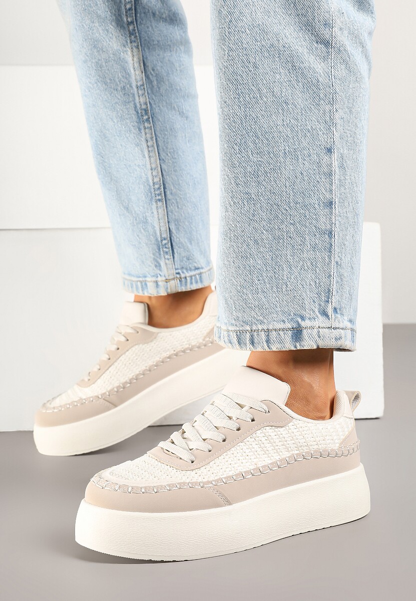 Beżowe Sneakersy na Platformie Ozdobione Plecionką Nilaraviela