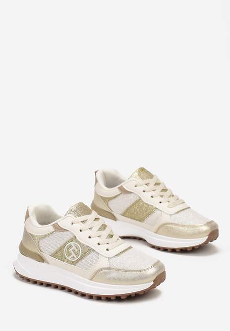 Złote Sznurowane Sneakersy z Brokatem i Siateczką na Grubej Podeszwie Leviria