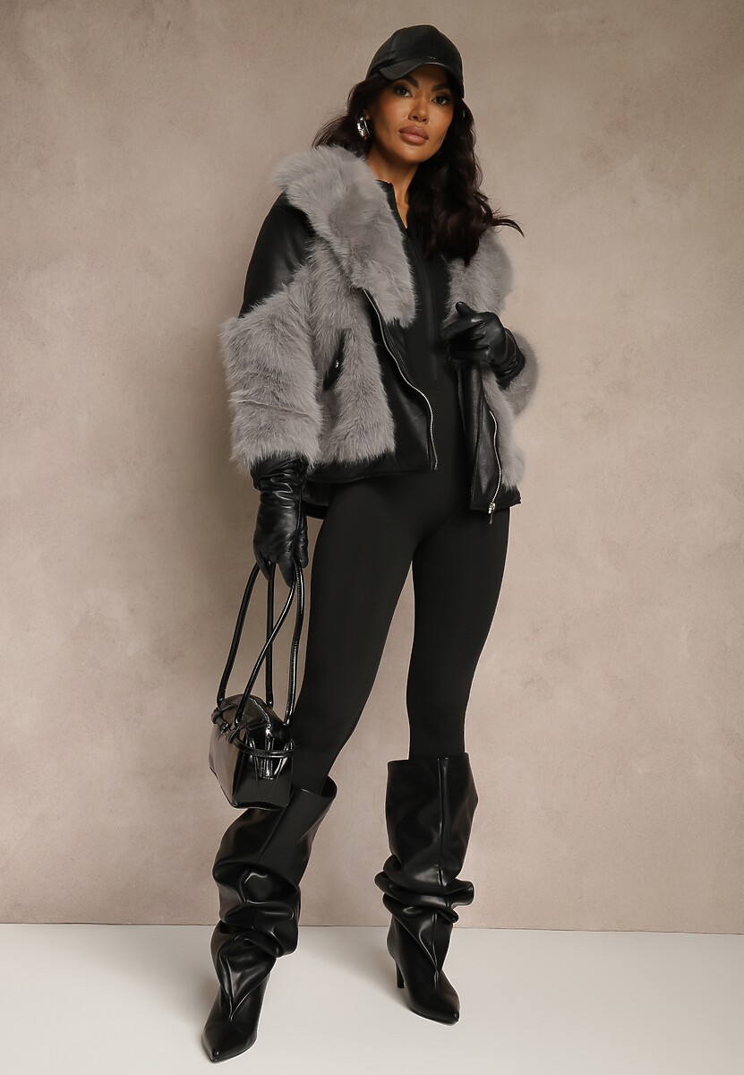 Szara Kurtka o Kroju Ramoneski z Futrem Sevre