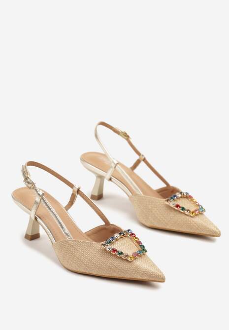 Złote Sandały Slingback na Kaczuszce z Tweedowymi Wstawkami i Cyrkoniami Nalivna