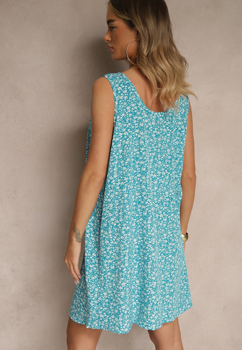 Niebieska Rozkloszowana Sukienka na Szerokich Ramiączkach w Kwiatowy Wzór Folivena