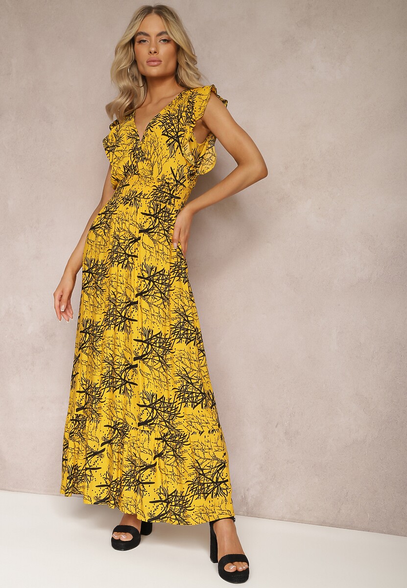 Żółta Rozkloszowana Sukienka z Wiskozy Maxi z Kopertowym Dekoltem Luksia