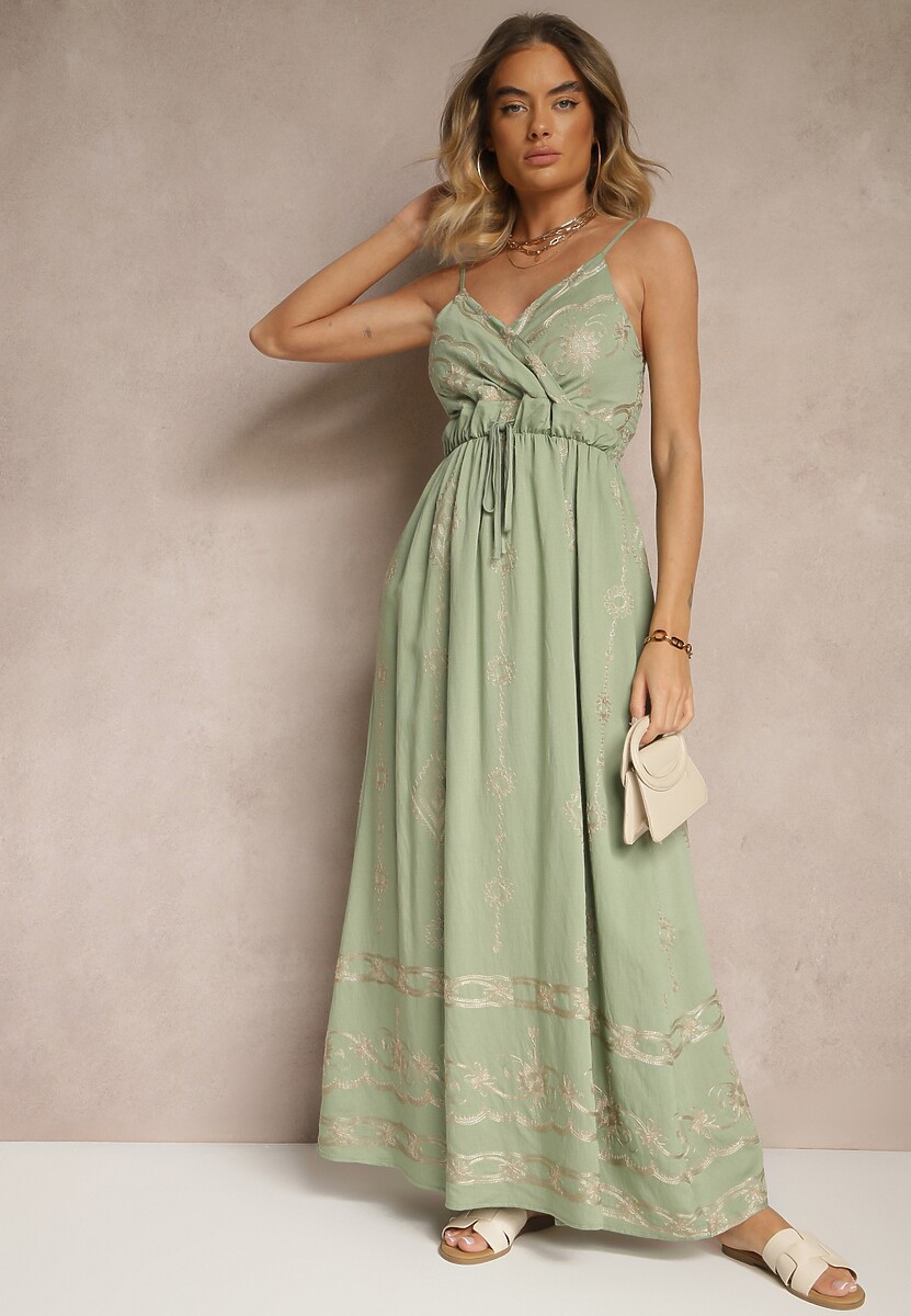 Zielona Wiskozowa Sukienka o Rozkloszowanym Kroju na Ramiączkach z Haftem Uloranelia