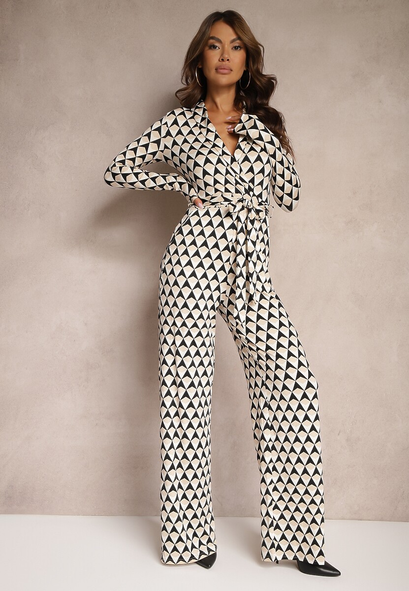 Beżowy Kombinezon z Kopertowym Dekoltem i Wiązanym Paskiem Tallsend