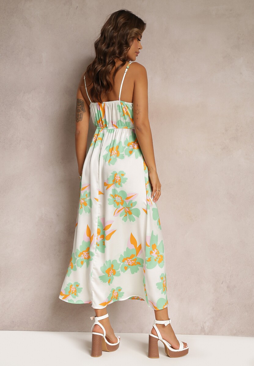 Biało-Zielona Satynowa Sukienka Maxi w Kwiaty ze Zdobieniem przy Dekolcie Benna