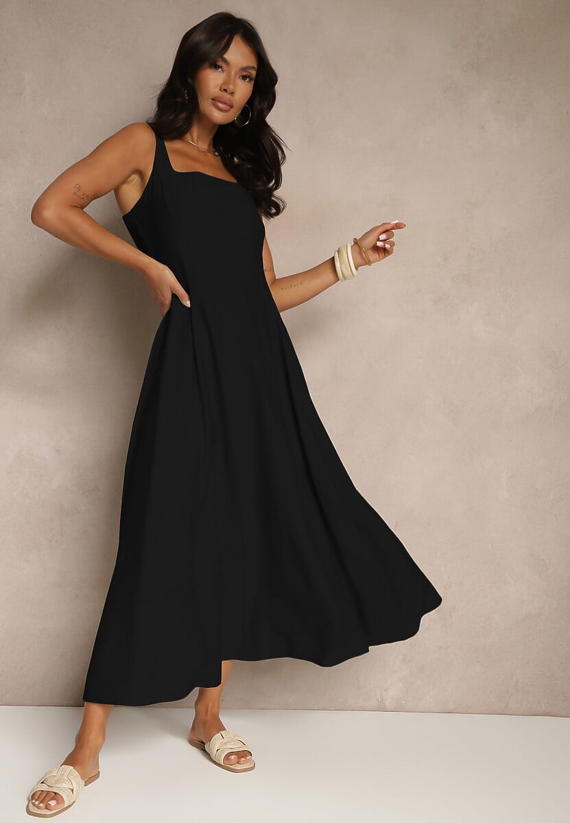 Zielona Rozkloszowana Sukienka z Wiskozy Ozdobiona Kwadratowym Dekoltem Avledia