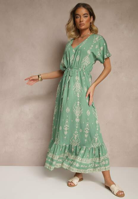Zielona Rozkloszowana Sukienka z Falbanką w Print Boho z Wiskozą Tunova