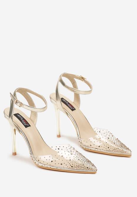 Złote Metaliczne Szpilki z Transparentną Cholewką i Cyrkoniami Mitanea