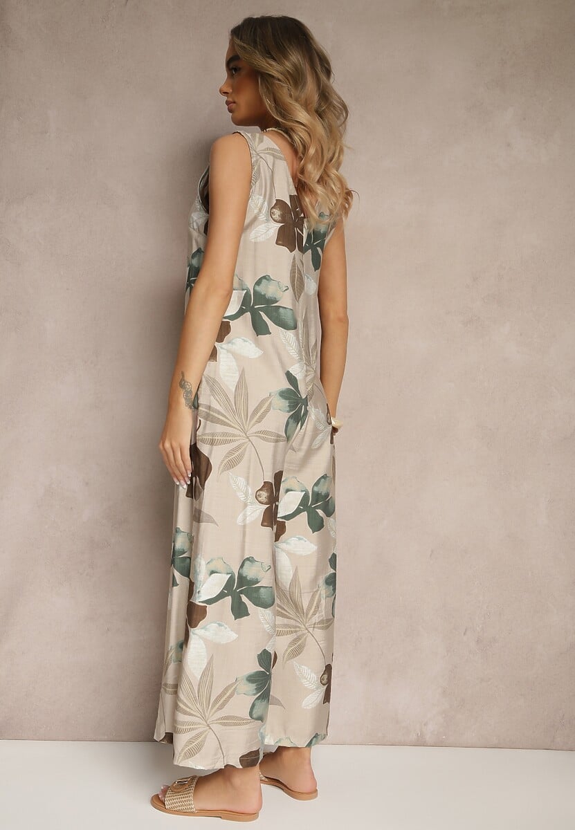 Beżowy Kombinezon Wide Leg z Wiskozą na Ramiączkach Filitiela