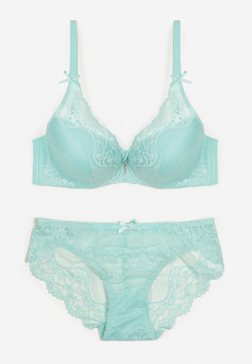 Miętowy Komplet Koronkowy z Kokardkami Majtki typu Figi i Biustonosz Full Cup Iriniues