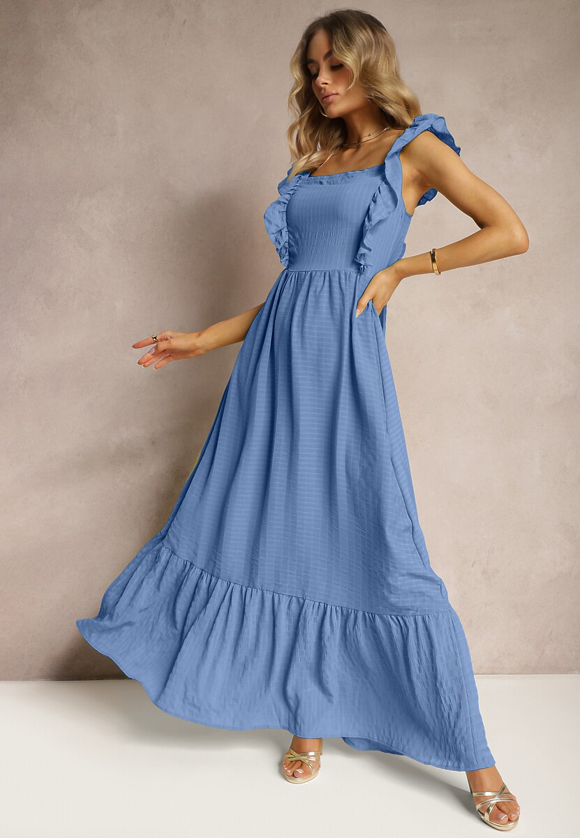 Niebieska Sukienka z Wiązaniem na Plecach na Ramiączkach z Falbankami i Gumką w Pasie Rollas