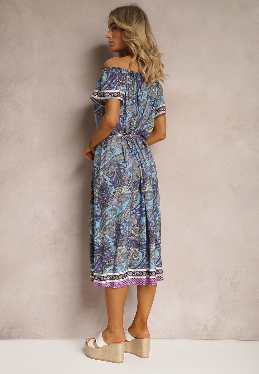 Niebieska Sukienka Hiszpanka z Bawełnianej Tkaniny we Wzór Paisley Arissela